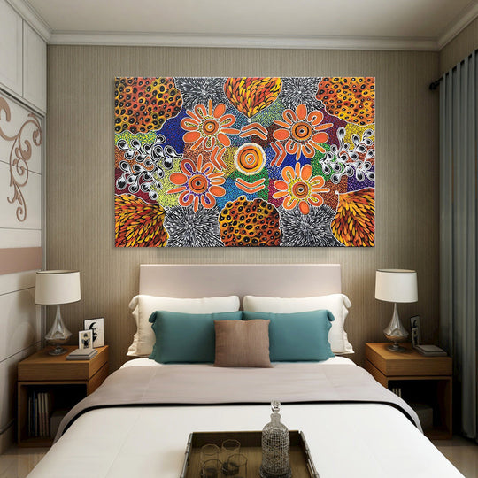 Synchrony of Bliss - Lovely Modern Dot Painting Artwork Featuring Colourful Painted Forms on a Meticulously Painted Dotted Backround, Size 100x150cm