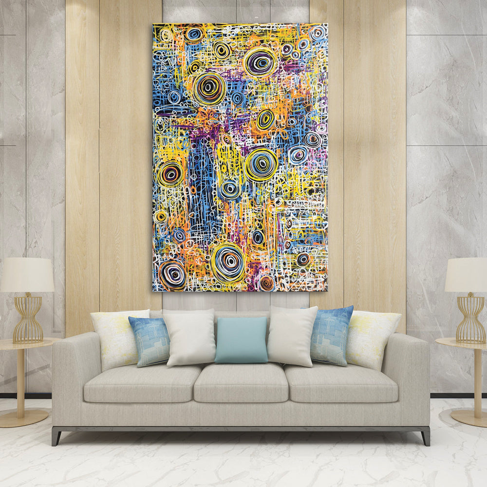 Circles & Lines - Whimsical, Kinetic Abstract Modern Artwork Featuring a Spectacle of Colour, Size 100x150cm