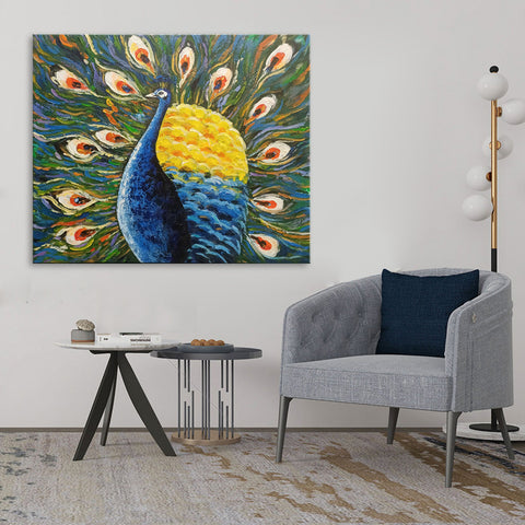 Peacock's Pride - Stunning Depiction of a Peacock displaying its Feathers with Pride, featuring thick Textural Hand Painted Details, Size 100x120cm