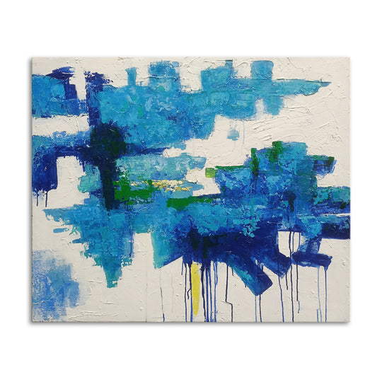 Cool Autonomy - Stunning Modern Abstract Painting Depicting Textural blue Forms on a White Background, Size 100x120cm