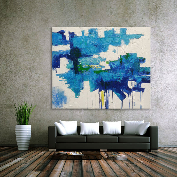 Cool Autonomy - Stunning Modern Abstract Painting Depicting Textural blue Forms on a White Background, Size 100x120cm