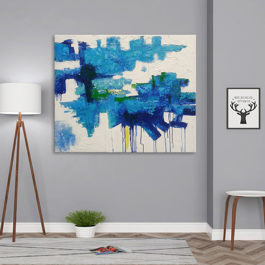 Cool Autonomy - Stunning Modern Abstract Painting Depicting Textural blue Forms on a White Background, Size 100x120cm