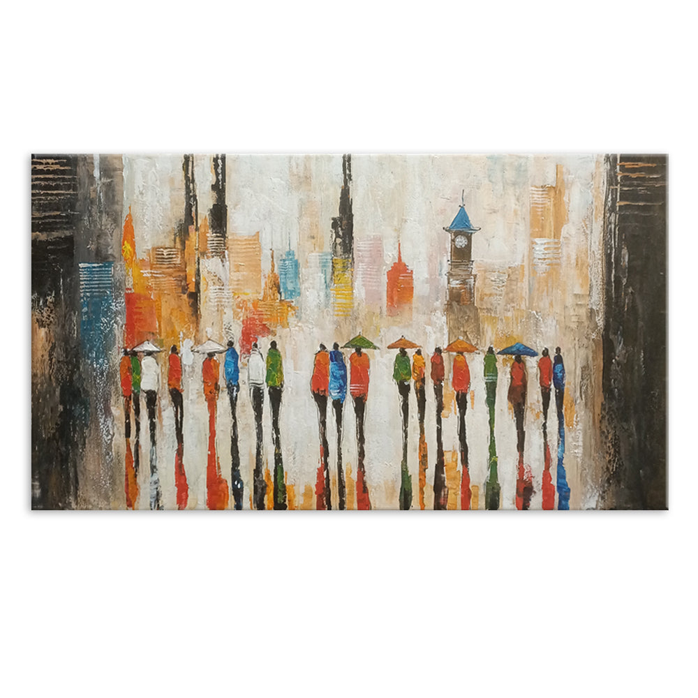 City Dwellers - Beautiful, Serene Painting Depicting People Walking towards an Impressionistic Cityscape, Featuring Warm Earthy Tones, Size 80x150cm