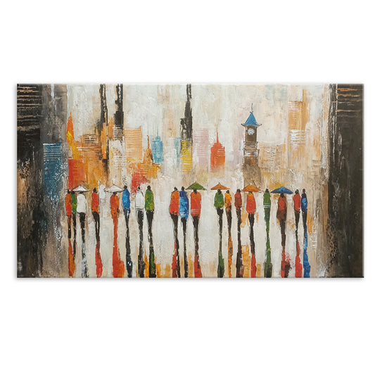 City Dwellers - Beautiful, Serene Painting Depicting People Walking towards an Impressionistic Cityscape, Featuring Warm Earthy Tones, Size 80x150cm