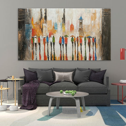 City Dwellers - Beautiful, Serene Painting Depicting People Walking towards an Impressionistic Cityscape, Featuring Warm Earthy Tones, Size 80x150cm