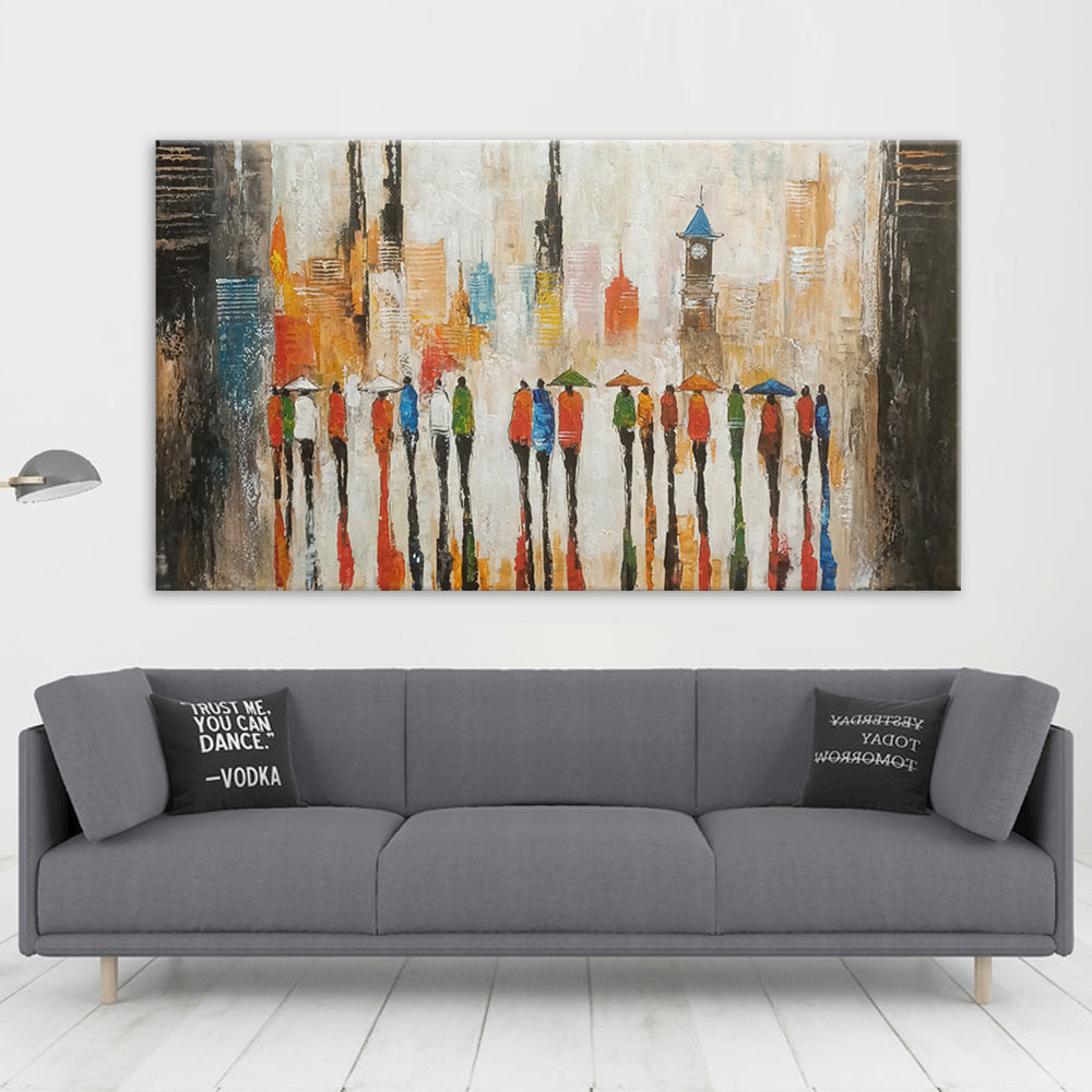 City Dwellers - Beautiful, Serene Painting Depicting People Walking towards an Impressionistic Cityscape, Featuring Warm Earthy Tones, Size 80x150cm