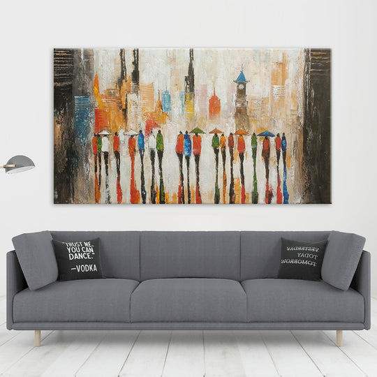City Dwellers - Beautiful, Serene Painting Depicting People Walking towards an Impressionistic Cityscape, Featuring Warm Earthy Tones, Size 80x150cm