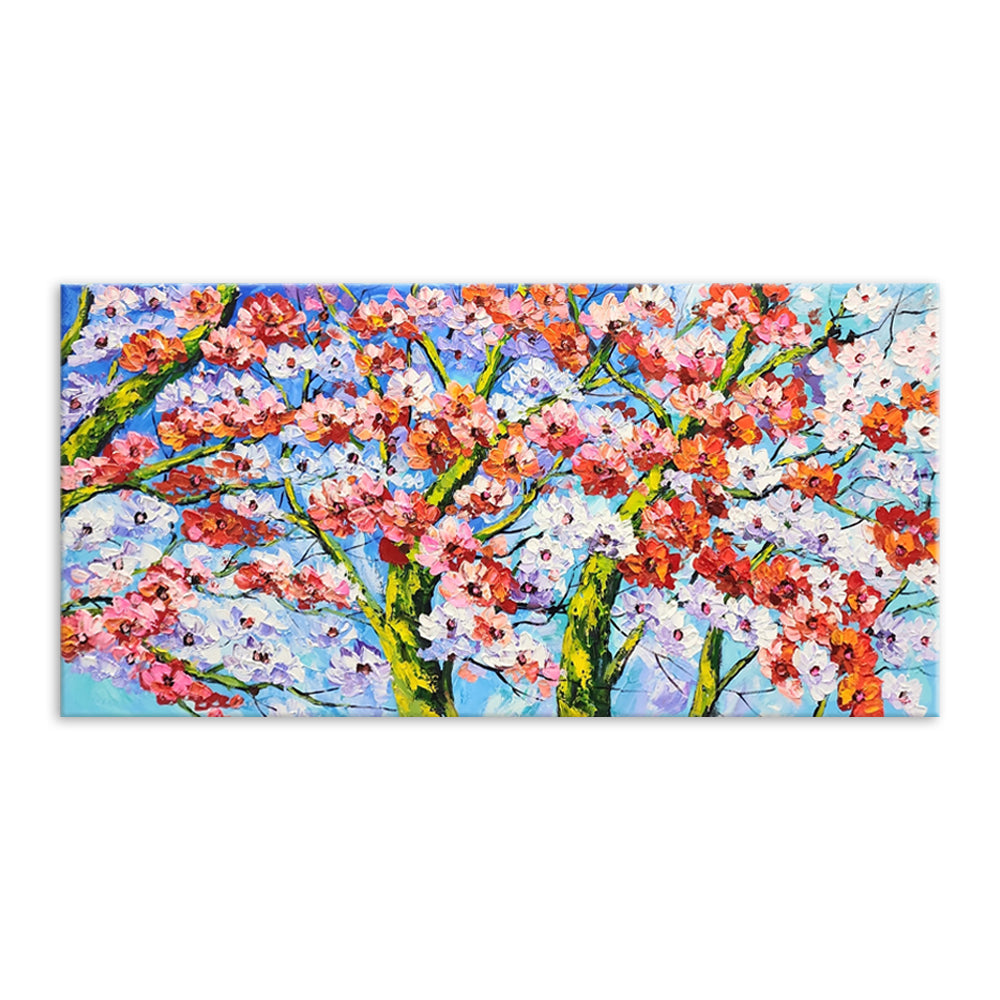Cherry Blossom - Heavily Textured Palette Knife Painting Depicting Stylized Cherry Blossom Trees, Size 80x150cm
