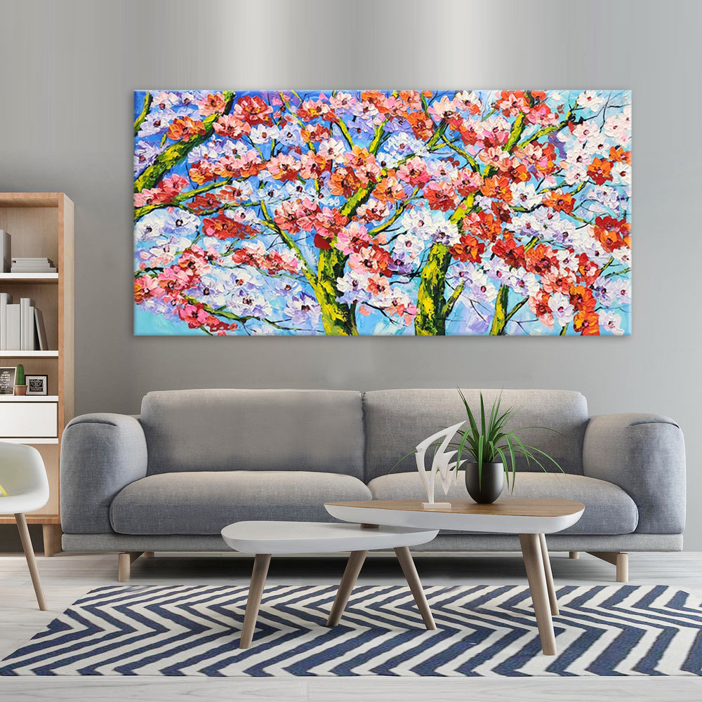 Cherry Blossom - Heavily Textured Palette Knife Painting Depicting Stylized Cherry Blossom Trees, Size 80x150cm
