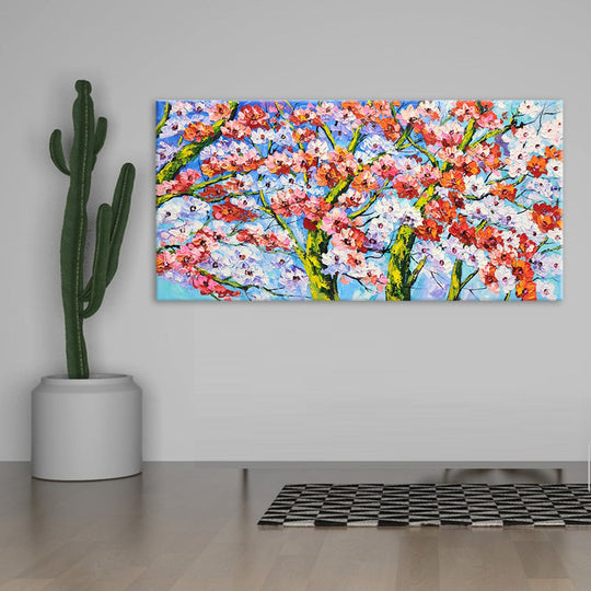 Cherry Blossom - Heavily Textured Palette Knife Painting Depicting Stylized Cherry Blossom Trees, Size 80x150cm