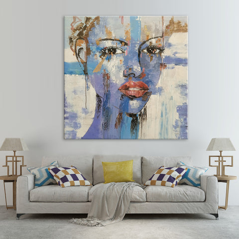 Face of Blue and Gold - Beautiful, Stylized Portrait of a Woman's Face with lovely Impressionistic Details, Size 100x100cm