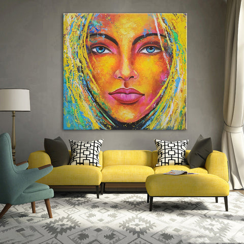 Luminous Gaze - Beautiful Portrait of a Young Lady, Face Surrounded by Bright Yellow Hair, Size 100x100cm
