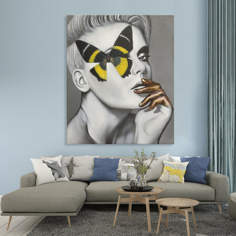 The Butterfly - Gorgeous, Highly Detailed Portrait of a Woman with Face Half Concealed by a Butterfly, size 100x120cm