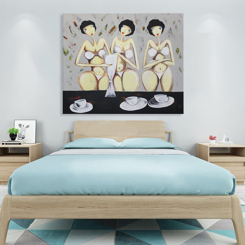 Ladies with Tea - Whimsical Depiction of Three Ladies in a Heavily Stylized Painterly Style, Size 100x120cm