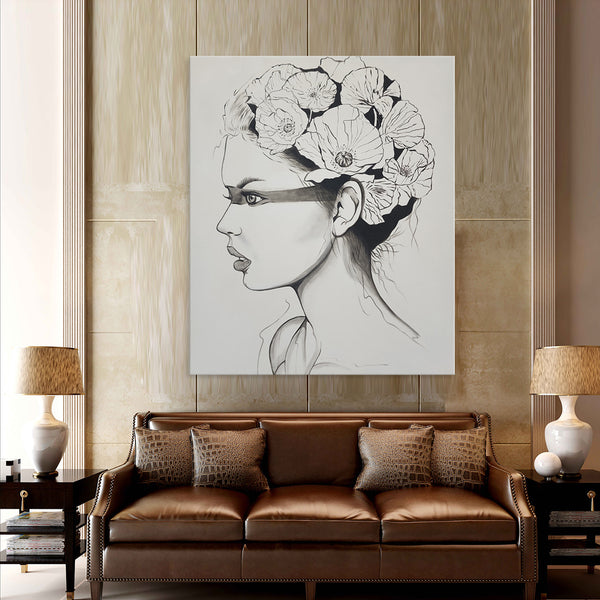 Tepid Grace - Beautiful Black and White Portrait of a Woman wearing a Floral Headdress, Size 100x120cm