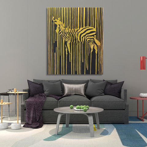 Zebra in Gold - Stunning Depiction of a Zebra's Form Merged with Dripping Gold Leaf Paint, Size 100x120cm