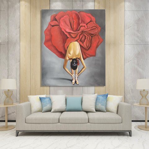 Ballet Bouquet - Stunning, Highly Detailed Depiction of a Ballet Dancer with a Flaring Red Dress Resembling a Rose, Size 100x120cm