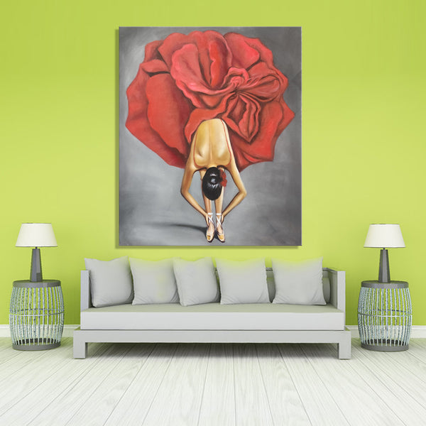 Ballet Bouquet - Stunning, Highly Detailed Depiction of a Ballet Dancer with a Flaring Red Dress Resembling a Rose, Size 100x120cm