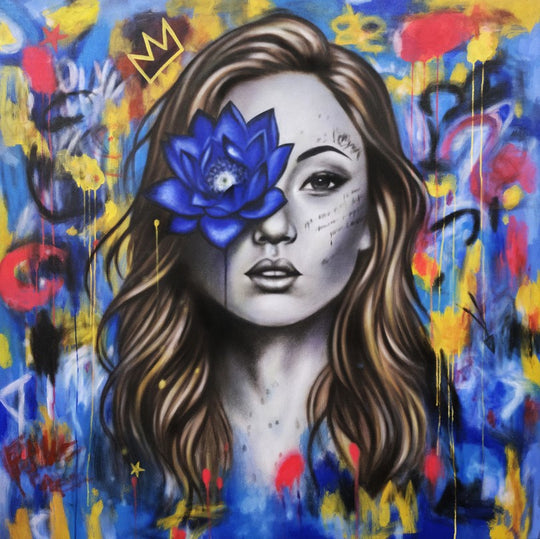 Blue Lotus Muse - Hand Painted Canvas Artwork - 120x120cm - AC790
