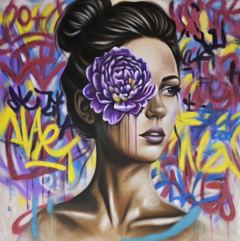 Urban Bloom Portrait - Hand Painted Canvas Artwork - 120x120cm - AC792