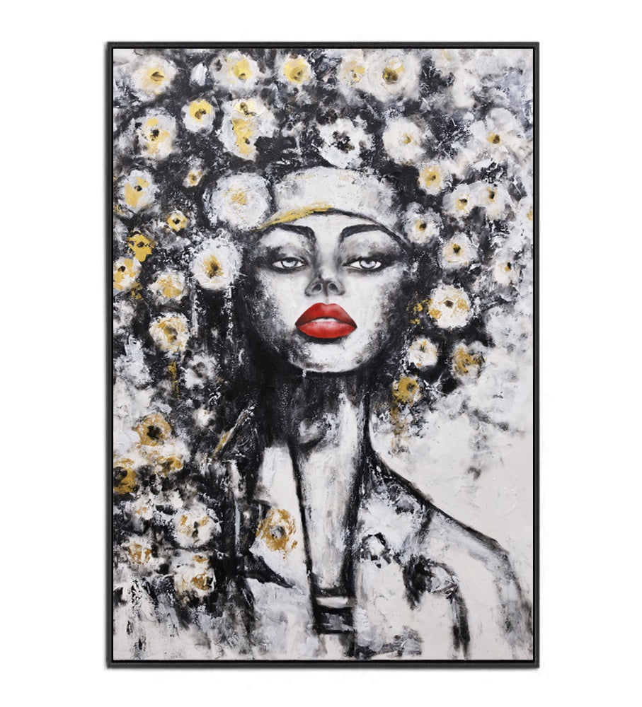 Golden Blossom Muse - Embellished Canvas Art in Black Frame - 100x150cm - CNL483