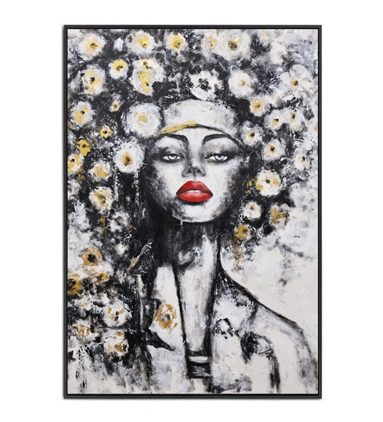 Golden Blossom Muse - Embellished Canvas Art in Black Frame - 100x150cm - CNL483