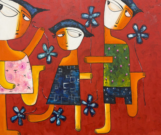 Whimsical Blue Flowers - Embellished Canvas Art Print - 100x120cm - EBA115