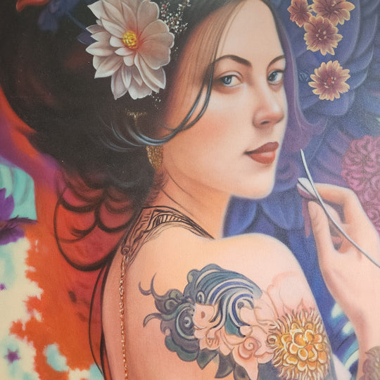 Rebellious Beauty - Exquisitely Painted, Highly Detailed Portrait of a Woman Endowed in Intricate Tattoos and Surrounded by Floral Forms, Size 100x150cm