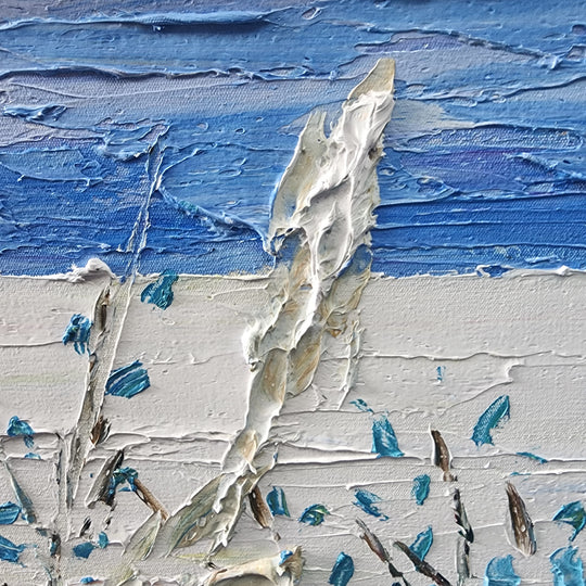 Blue Beach Grass - Stunning, Textural Palette Knife Oil Painting Depicting Grass on the Beach, Size 70x150cm