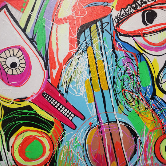 Faces and Forms - Striking, Whimsically Stylized Depiction of a Man holding a Violin, Surrounded by Ludicrous Forms, Size 80x120cm