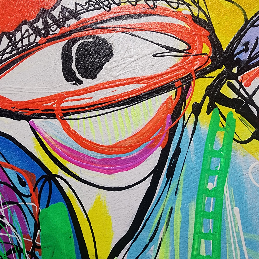 Faces and Forms - Striking, Whimsically Stylized Depiction of a Man holding a Violin, Surrounded by Ludicrous Forms, Size 80x120cm