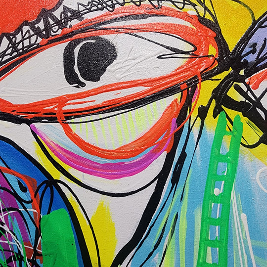 Faces and Forms - Striking, Whimsically Stylized Depiction of a Man holding a Violin, Surrounded by Ludicrous Forms, Size 80x120cm