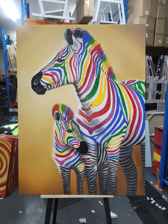 Vibrant Stripes: Hand-Painted Colorful Zebra Duo, Size 90x120