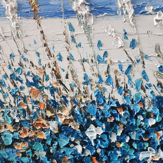 Blue Beach Grass - Stunning, Textural Palette Knife Oil Painting Depicting Grass on the Beach, Size 70x150cm