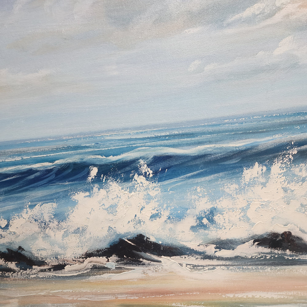 Cool Breeze - Stunning, Textural Depiction of Waves on a Beach featuring Cool, Earthy Tones, Size 80x150cm