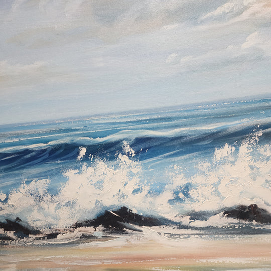 Cool Breeze - Stunning, Textural Depiction of Waves on a Beach featuring Cool, Earthy Tones, Size 80x150cm