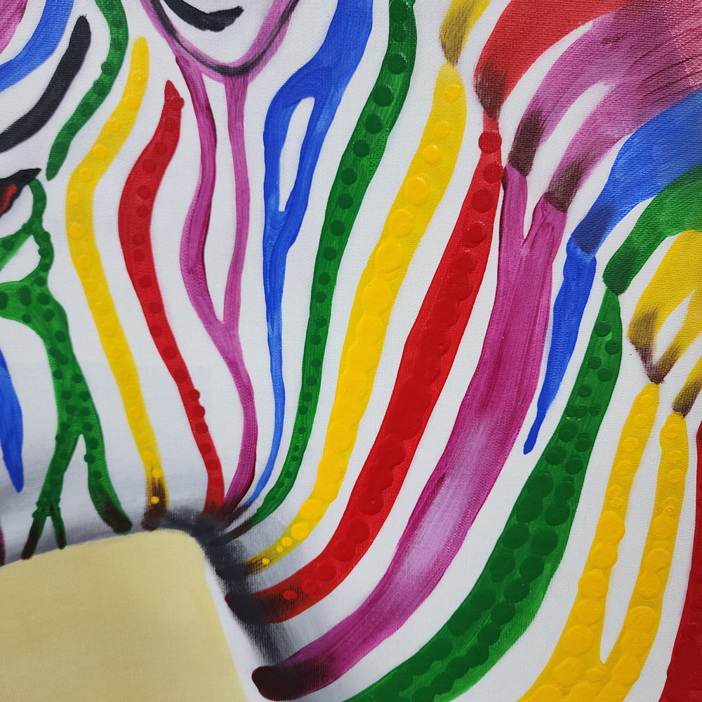 Vibrant Stripes: Hand-Painted Colorful Zebra Duo, Size 90x120