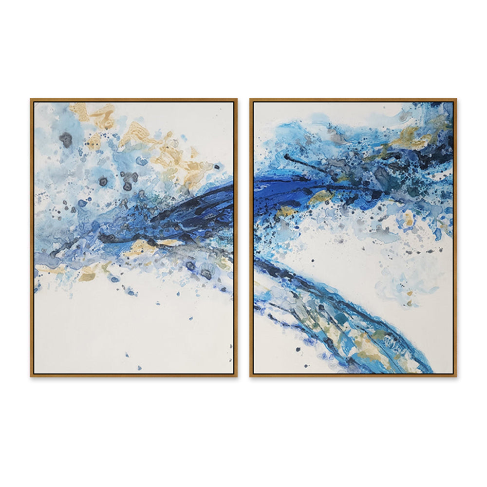 Blue Wake - Striking Modern Abstract Set of 2 Depicting Predominantly Blue and Yellow Tones, Each Fitted in an Oak Frame size 75x100cm