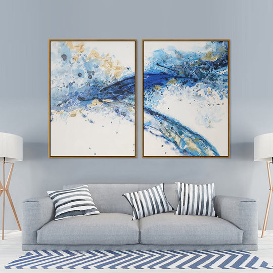 Blue Wake - Striking Modern Abstract Set of 2 Depicting Predominantly Blue and Yellow Tones, Each Fitted in an Oak Frame size 75x100cm
