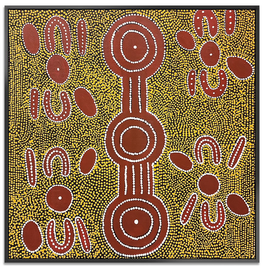 Dreamtime - Dot Painting fitted with Black Shadow Frame Size 100x100cm