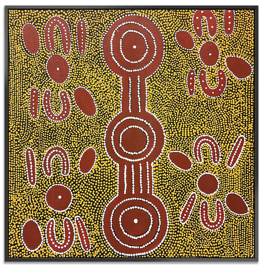 Dreamtime - Dot Painting fitted with Black Shadow Frame Size 100x100cm