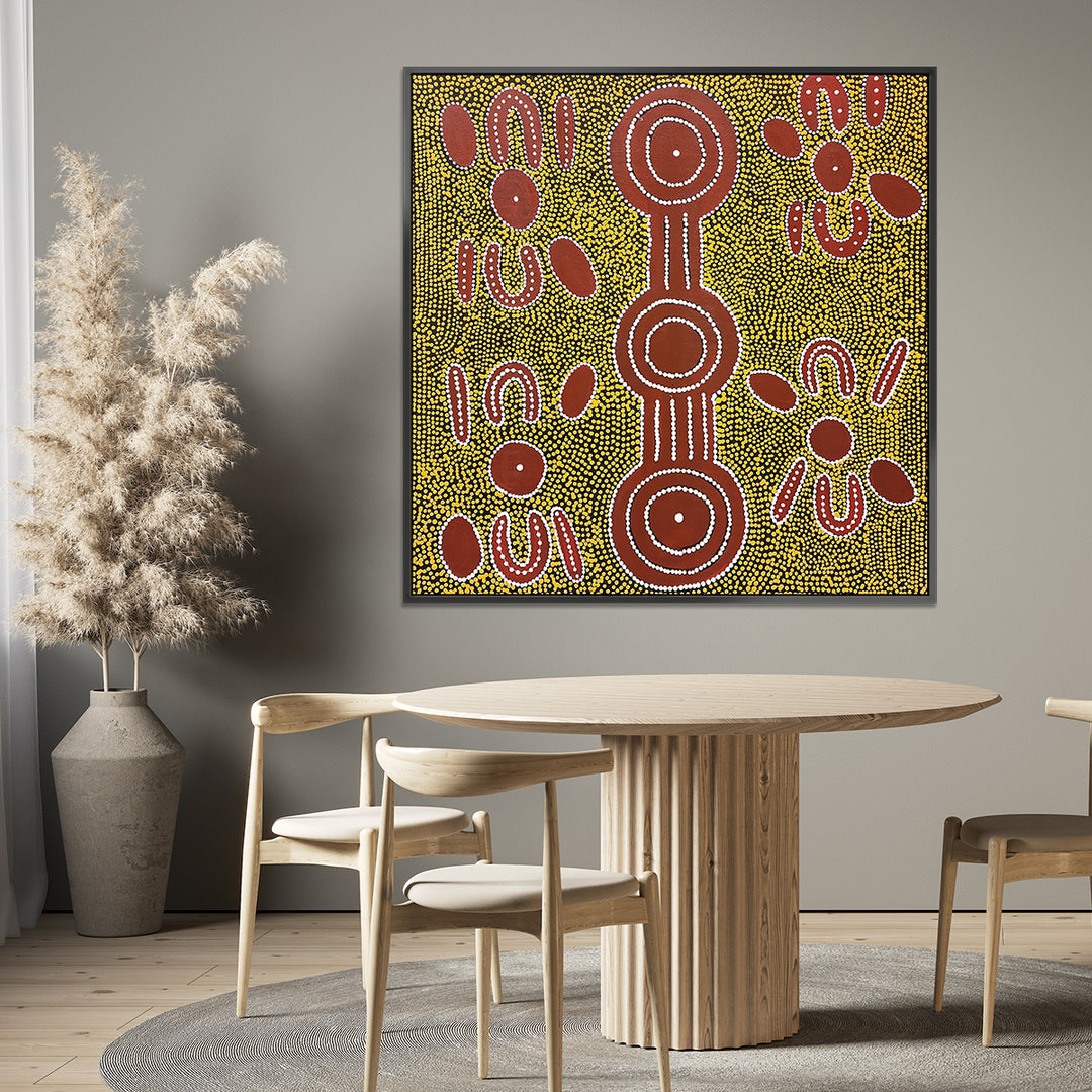 Dreamtime - Dot Painting fitted with Black Shadow Frame Size 100x100cm