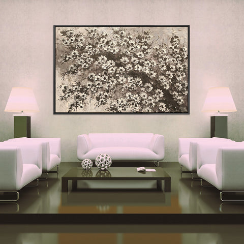 Blossom Branch - Beautiful, Black and White Floral Themed Oil Painting, Featuring a Thick Textural Style
