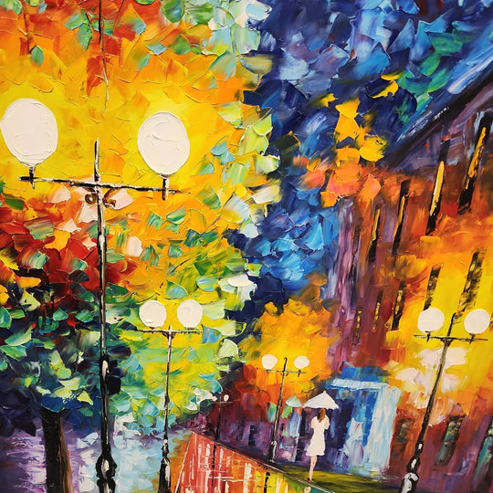 Alight By Street Lights - Thickly textured Palette Knife Oil Painting 100x150cm
