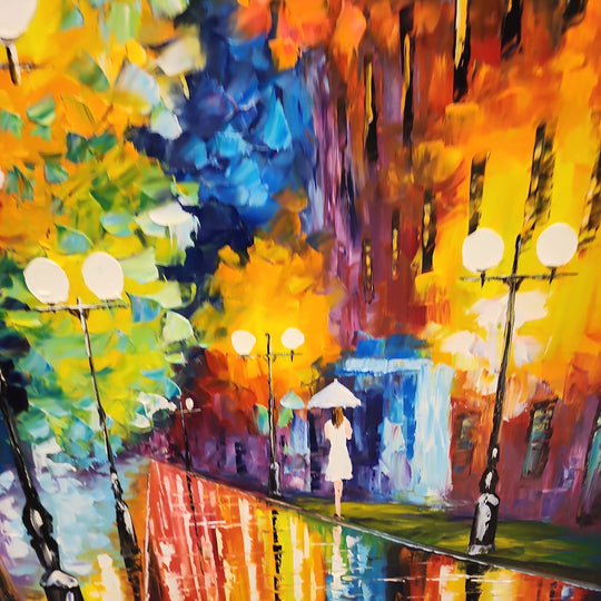Alight By Street Lights - Thickly textured Palette Knife Oil Painting 100x150cm