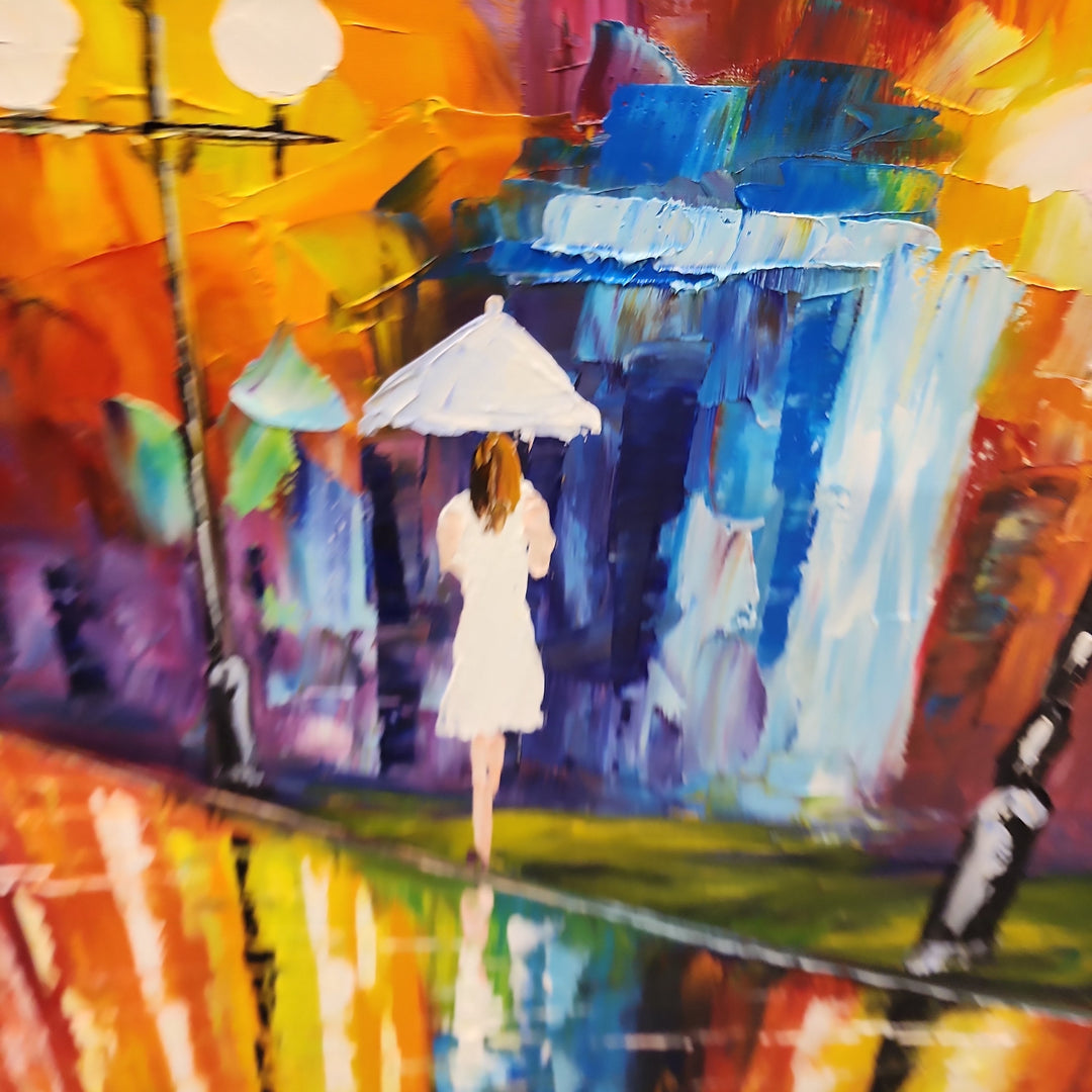 Alight By Street Lights - Thickly textured Palette Knife Oil Painting 100x150cm
