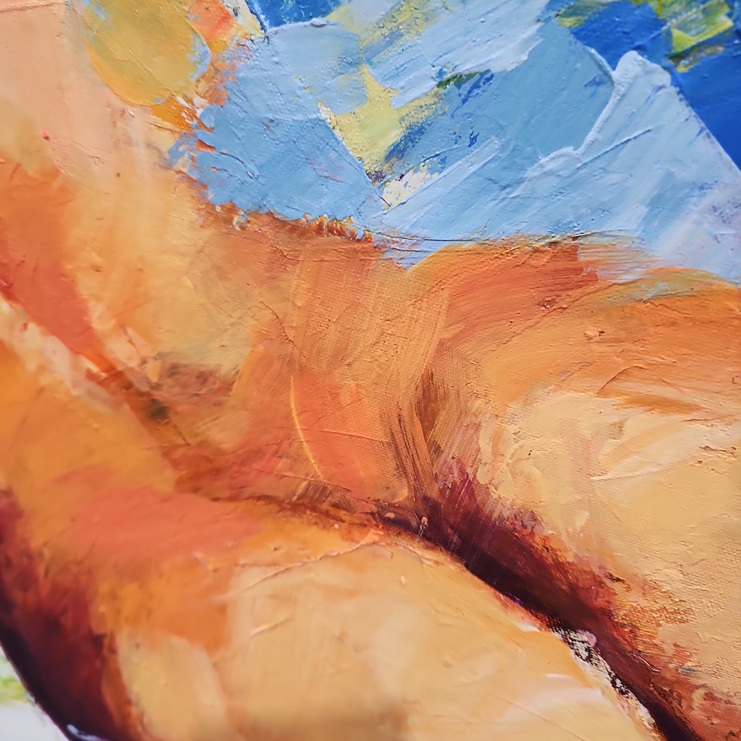 Lying Nude - Stunning, Stylized Depiction of a Young Lying Nude Woman, finished with a Black Shadow Frame, Size 80x150cm