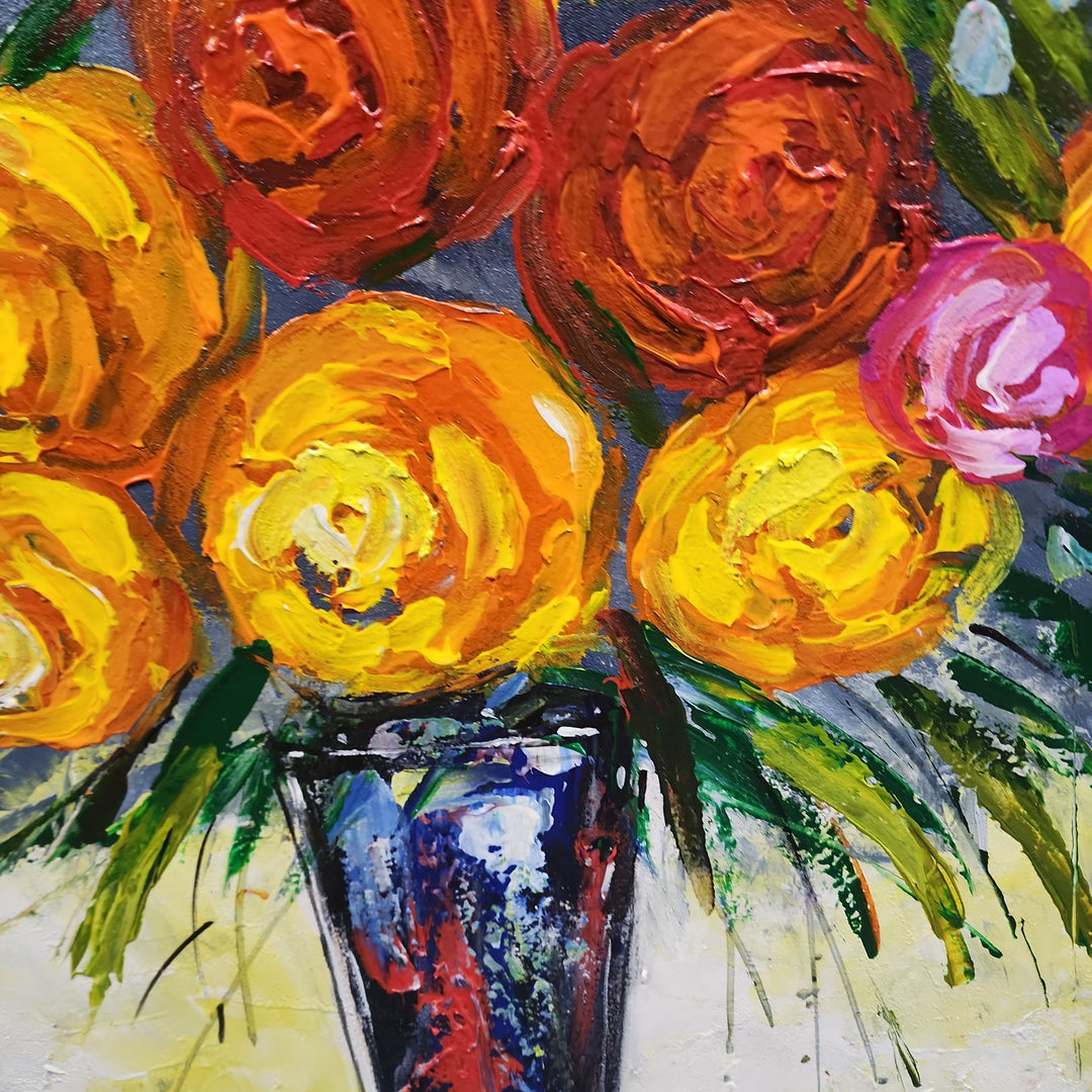 Bouquet - Stunning, Brightly Coloured Palette Knife Painting Depicting Many Flowers in a Vase
