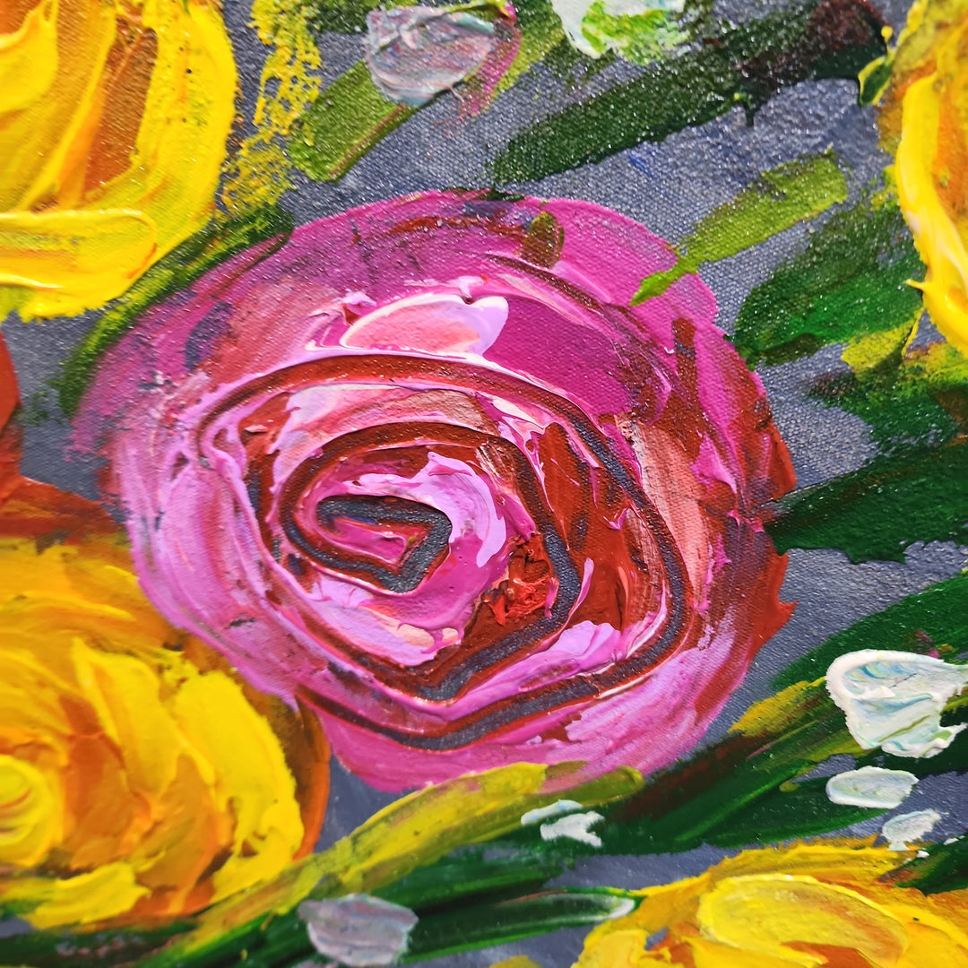 Bouquet - Stunning, Brightly Coloured Palette Knife Painting Depicting Many Flowers in a Vase