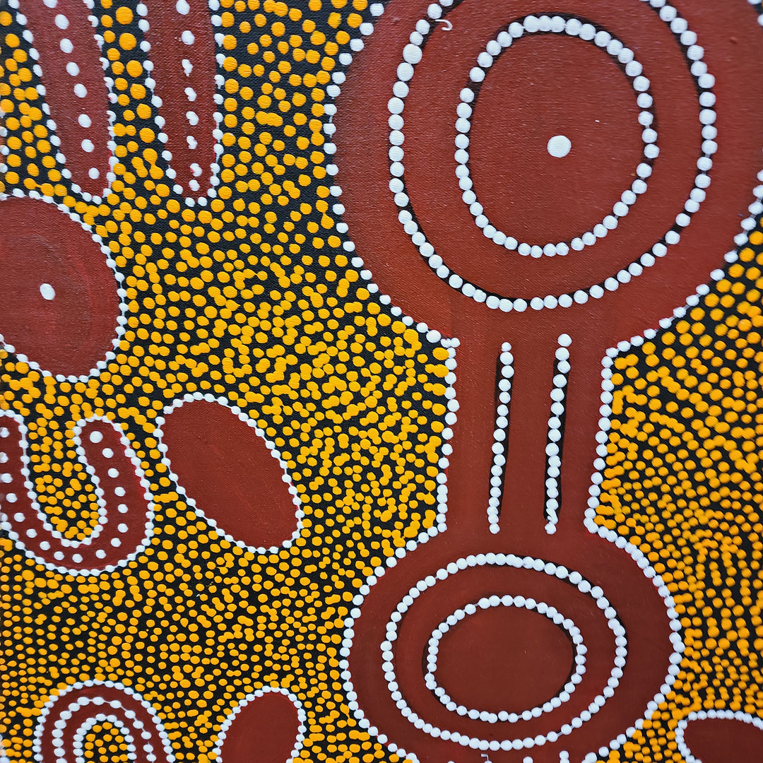 Dreamtime - Dot Painting fitted with Black Shadow Frame Size 100x100cm